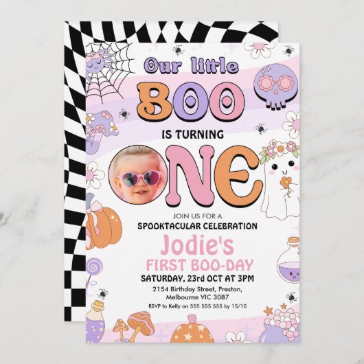 Retro Paarse Halloween Little Boo 1e verjaardag Kaart (Voorkant / Achterkant)