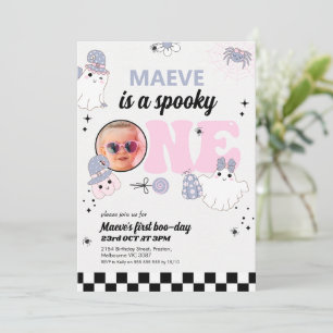 Retro Paarse Halloween Spooky Een 1e Verjaardag Kaart