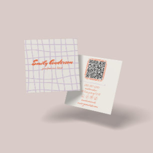 Retro Paarse Hand Geschreven Getrokken Trendy QR C Vierkante Visitekaartje