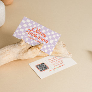 Retro Paarse Hand Getrokken Groovy QR Code Visitekaartje
