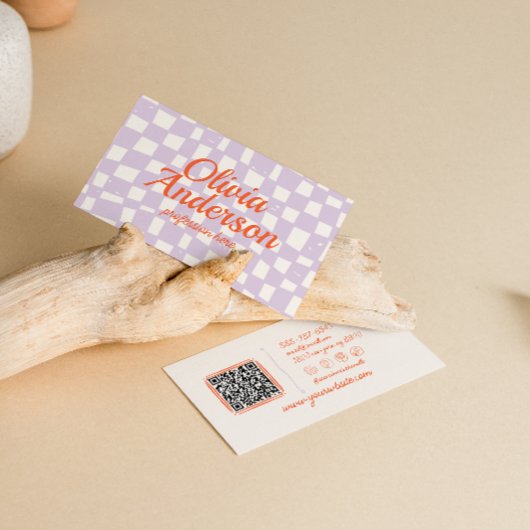 Retro Paarse Hand Getrokken Groovy QR Code Visitekaartje