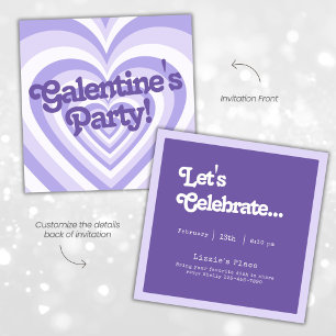 Retro Paarse Hart Galentine's Feestuitnodiging Kaart