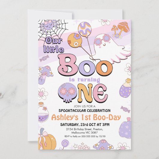 Retro Paarse Little Boo Halloween 1e verjaardag Kaart (Voorkant)
