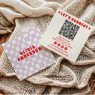 Retro Paarse Rode QR Code Groovy Geruit Boho Fun Vierkante Visitekaartje