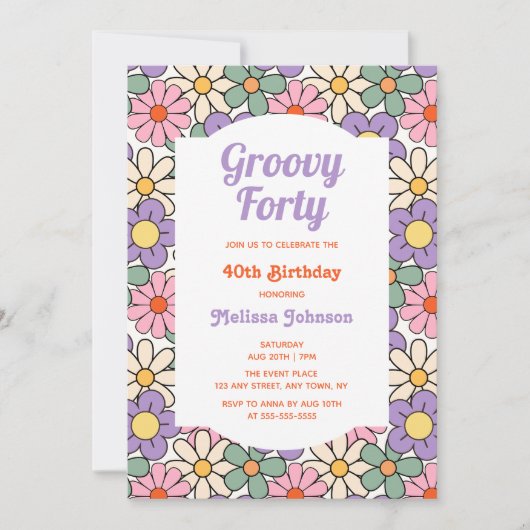 Retro Paarse Roze Bloemen Groovy 40e Verjaardag Kaart (Voorkant)