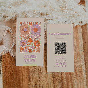 Retro Paarse Sinaasappel QR Code Groovy Floral Boh Visitekaartje