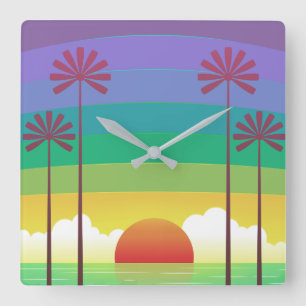 Retro paarse zonsondergang palmbomen kunst vierkante klok