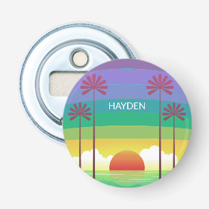 Retro Paarse Zonsondergang Palmboom Kunst Persoonl Button Flesopener
