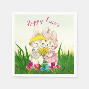 Retro Paashaas met Lente Bloemen / Feest Servet