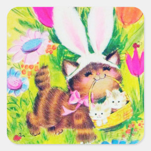 Retro  Paaskatten Vakantisticker Vierkante Sticker
