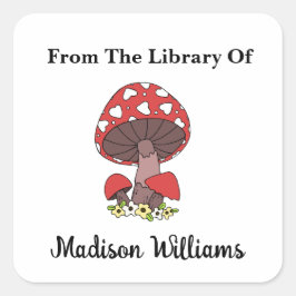 Retro Paddenstoel met Harten Aangepast Boeklabel Vierkante Sticker
