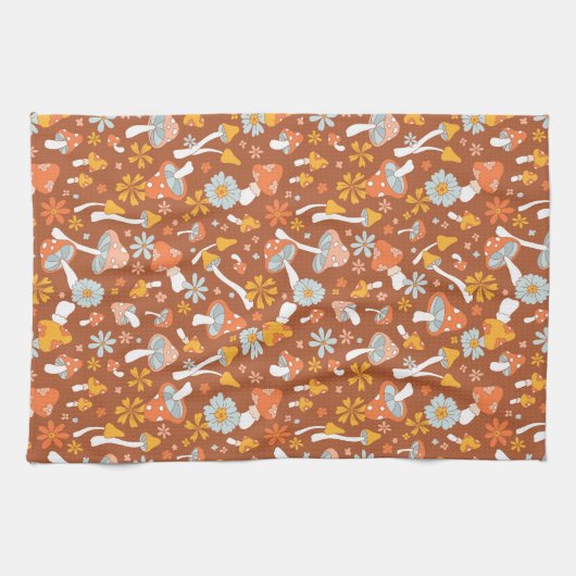 Retro  paddenstoelbladerpatroon theedoek (Horizontaal)