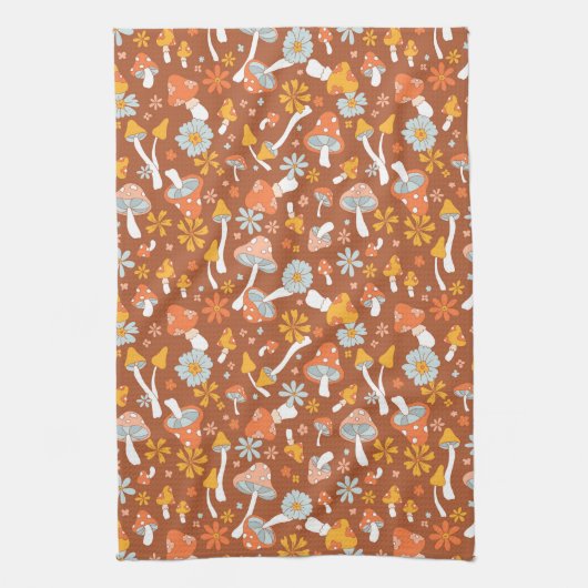 Retro  paddenstoelbladerpatroon theedoek (Verticaal)
