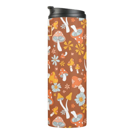 Retro paddenstoelbladerpatroon thermosbeker (Geroteerd rechts)