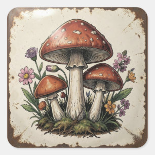 Retro Paddenstoelen en Bloemen Vintage Vibes Vierkante Sticker