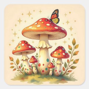 Retro Paddenstoelen en Vlinder Vintage Kleuren Vierkante Sticker