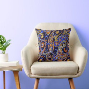 Retro Paisley Patroon Blauw Wit Sinaasappel Kleurr Kussen