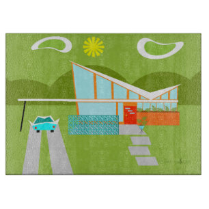 Retro Palm Springs House Glass Cutting Board Snijplank