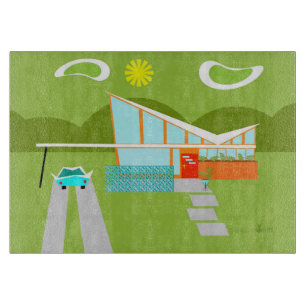 Retro Palm Springs House Glass Cutting Board Snijplank