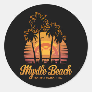 Retro Palm Tree Sunset South Carolina Myrtle Beach Ronde Sticker