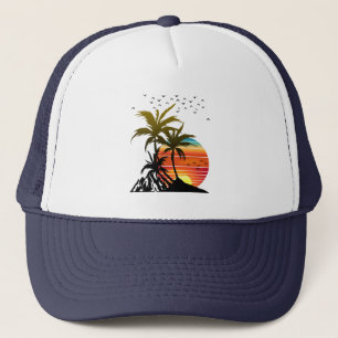 Retro palmbomen berg zonsondergang trucker pet