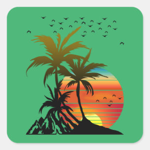 Retro Palmbomen Berg Zonsondergang Vierkante Sticker
