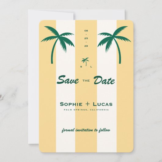 Retro Palmboom Monogram Tropisch Strand Bruiloft Save The Date (Voorkant)