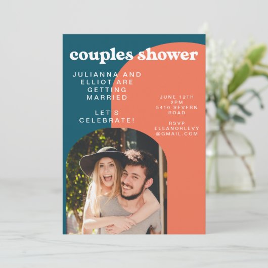 Retro Papaja en Pauwblauw Foto Koppel Bruisfeest Kaart (Staand voorkant)