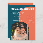 Retro Papaja en Pauwblauw Foto Koppel Bruisfeest Kaart (Voorkant / Achterkant)