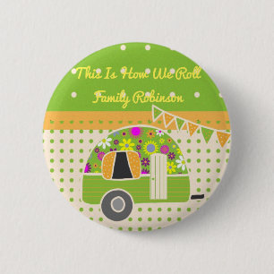 Retro Party Spullen voor in de Caravan Groen/Oranj Ronde Button 5,7 Cm