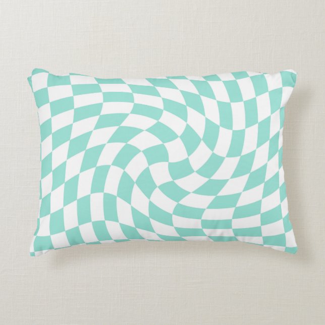 Retro Pastel Blue White Warped Check Checkered Accent Kussen (Voorkant)