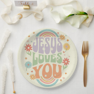 Retro Pastel “Jezus Houdt van Jou” Christelijk Des Papieren Bordje