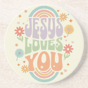 Retro Pastel “Jezus Houdt van Jou” Christelijk Des Zandsteen Onderzetter