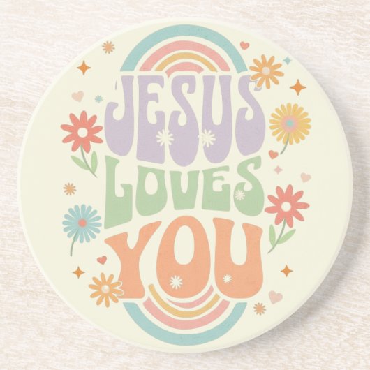 Retro Pastel “Jezus Houdt van Jou” Christelijk Des Zandsteen Onderzetter (Voorkant)