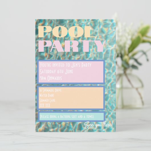 Retro Pastel Pool Party uitnodiging (Staand voorkant)