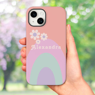Retro Pastel Regenboog Strepen Bloemen Naam Case-Mate iPhone 14 Hoesje