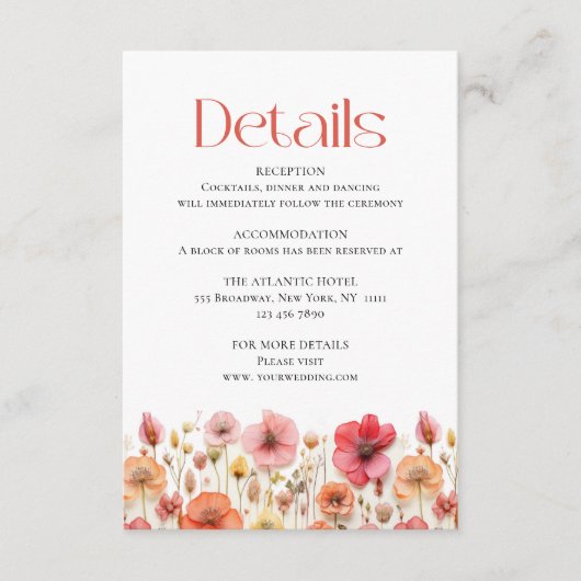 Retro Pastel Roze Boho Wilde Bloem Bruiloft Detail Informatiekaartje (Voorkant)