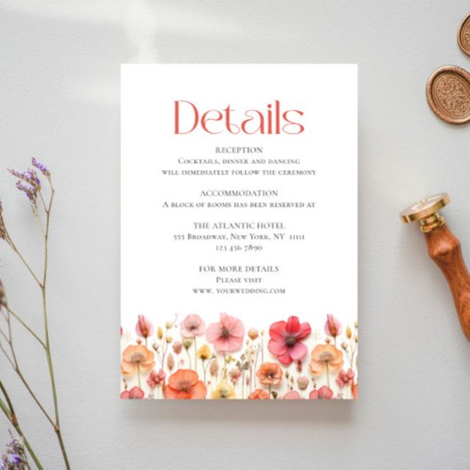 Retro Pastel Roze Boho Wilde Bloem Bruiloft Detail Informatiekaartje