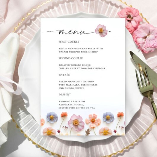 Retro Pastel Roze Boho Wildflower Bruiloft Details Menu