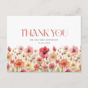 Retro Pastel Roze Boho Wildflower Dank u Briefkaart