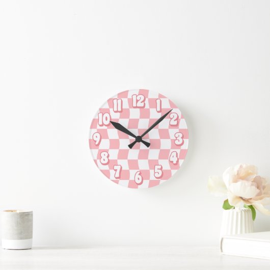 Retro Pastel Roze Wit Wavy Checkerboard Ronde Klok (Huis)