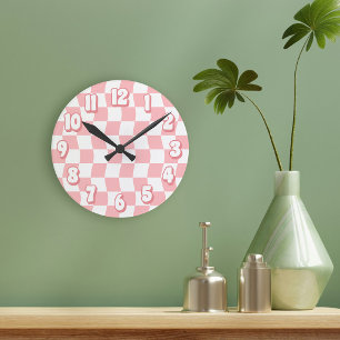 Retro Pastel Roze Witte Golvende Schaakbord Ronde Klok