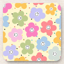 Retro Pastel Smiley Bloem Patroon Drink Onderschaa