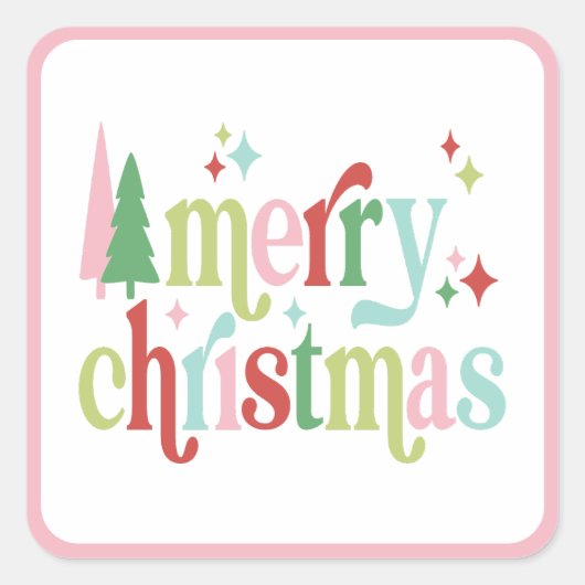 Retro Pastel Vrolijk Kerstfeest Vierkante Sticker (Voorkant)