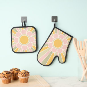 Retro Pastel Zonneschijn Gepersonaliseerde Keuken Ovenwant & Pannenlap Set