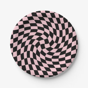 Retro Pastel zwart roze cheques gekookt checkboard Papieren Bordje