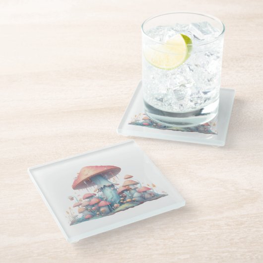 Retro pastelpaddenstoelen design met zachte kleure glazen onderzetter (Schuin)