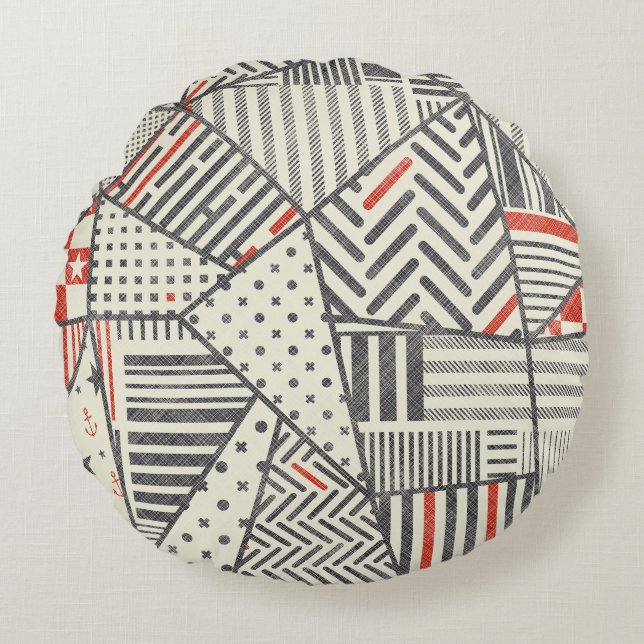Retro Patchwork: Abstract geometrisch ontwerp Rond Kussen (Voorkant)