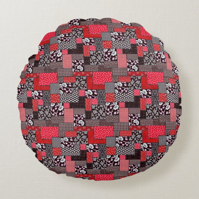 Retro Patchwork Bloemendekenpatroon Rond Kussen (Voorkant)