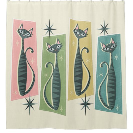 Retro Patchwork Tabbies ©studioxine Douchegordijn (Voorkant)